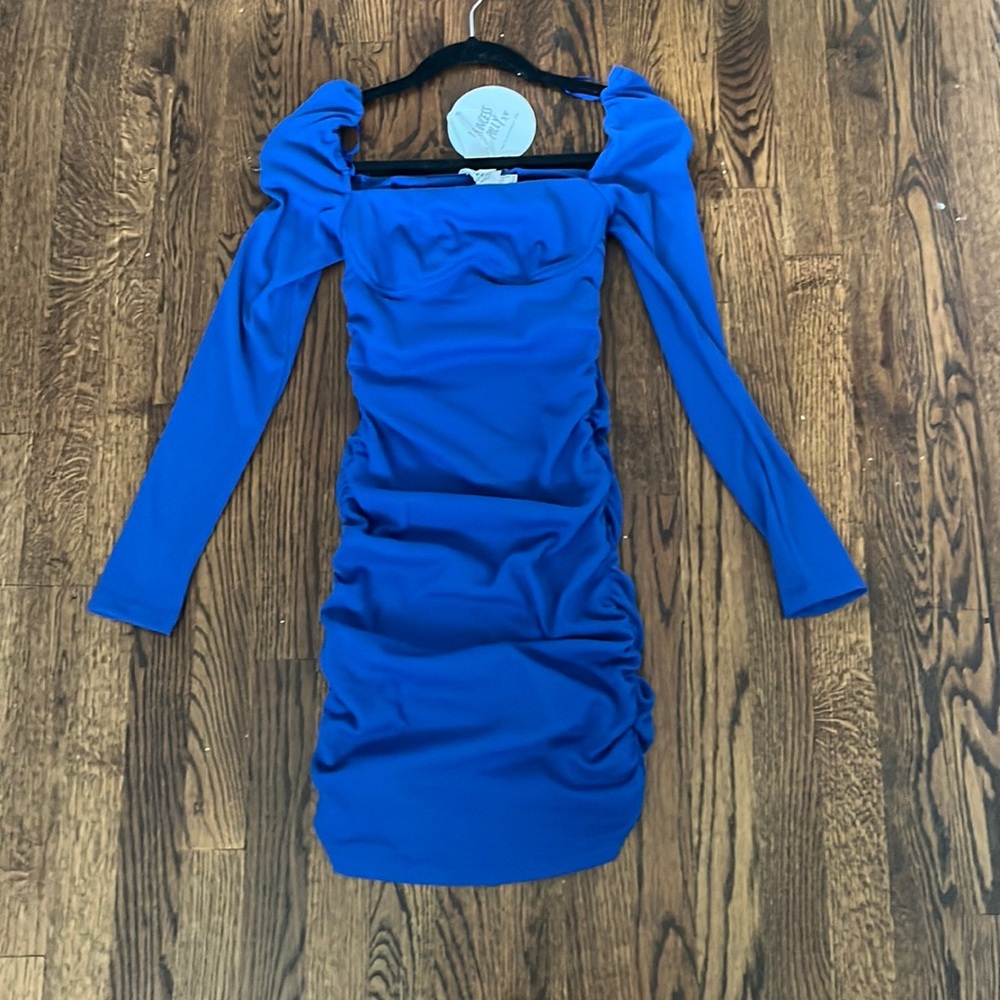 Royal blue, long sleeve mini dress, cinched with bust outline- US size 4